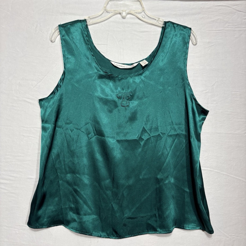 Vintage Victoria's Secret Satin Tank Top Green USA Y2K Sleepwear Loungewear M - Picture 1 of 8